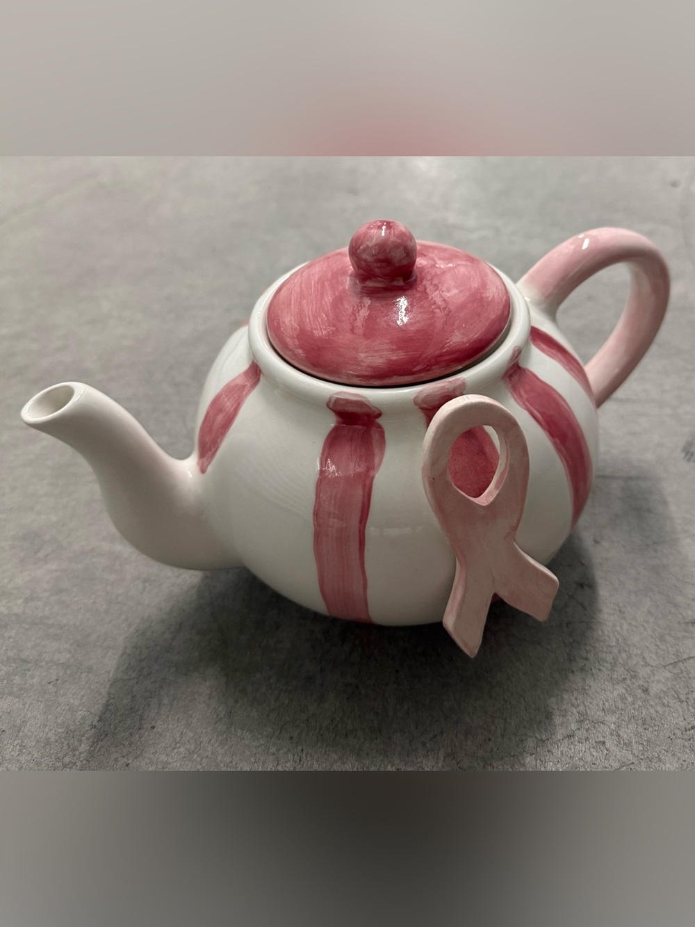Pink & White Stripe Ceramic Tea Pot with Ceramic Breast Cancer Ribbon Decor